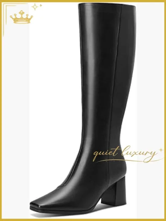 Knee High Boots Chunky Heel Side Zip Pointed Toe